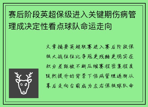 赛后阶段英超保级进入关键期伤病管理成决定性看点球队命运走向 赛后阶段英超保级进入关键期伤病管理成决定性看点球队命运走向